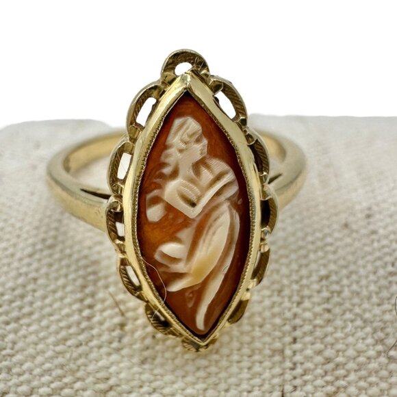 Vintage 10K Gold Marquise Cameo Ring Size 6.25 Featuring Carved Womans Profile